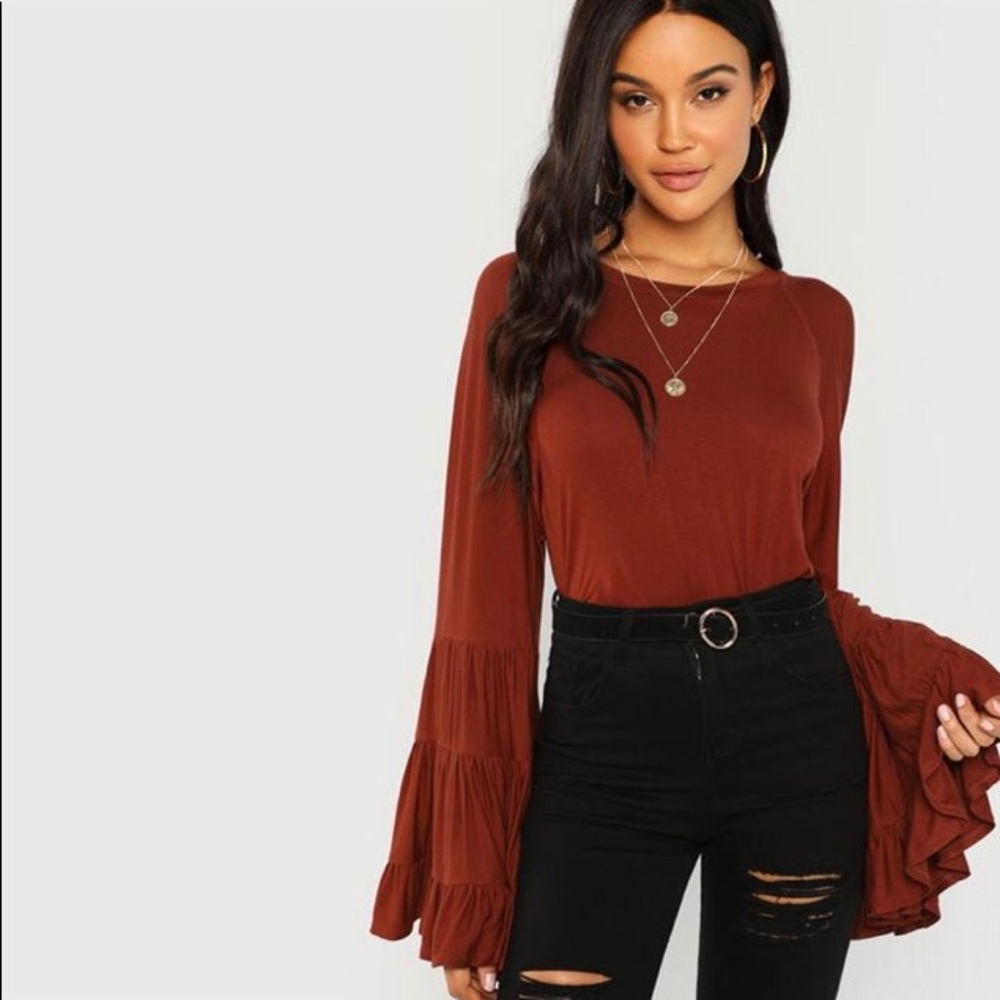 Flounce Ruffle Bell Sleeve Burgundy Blouse 💫